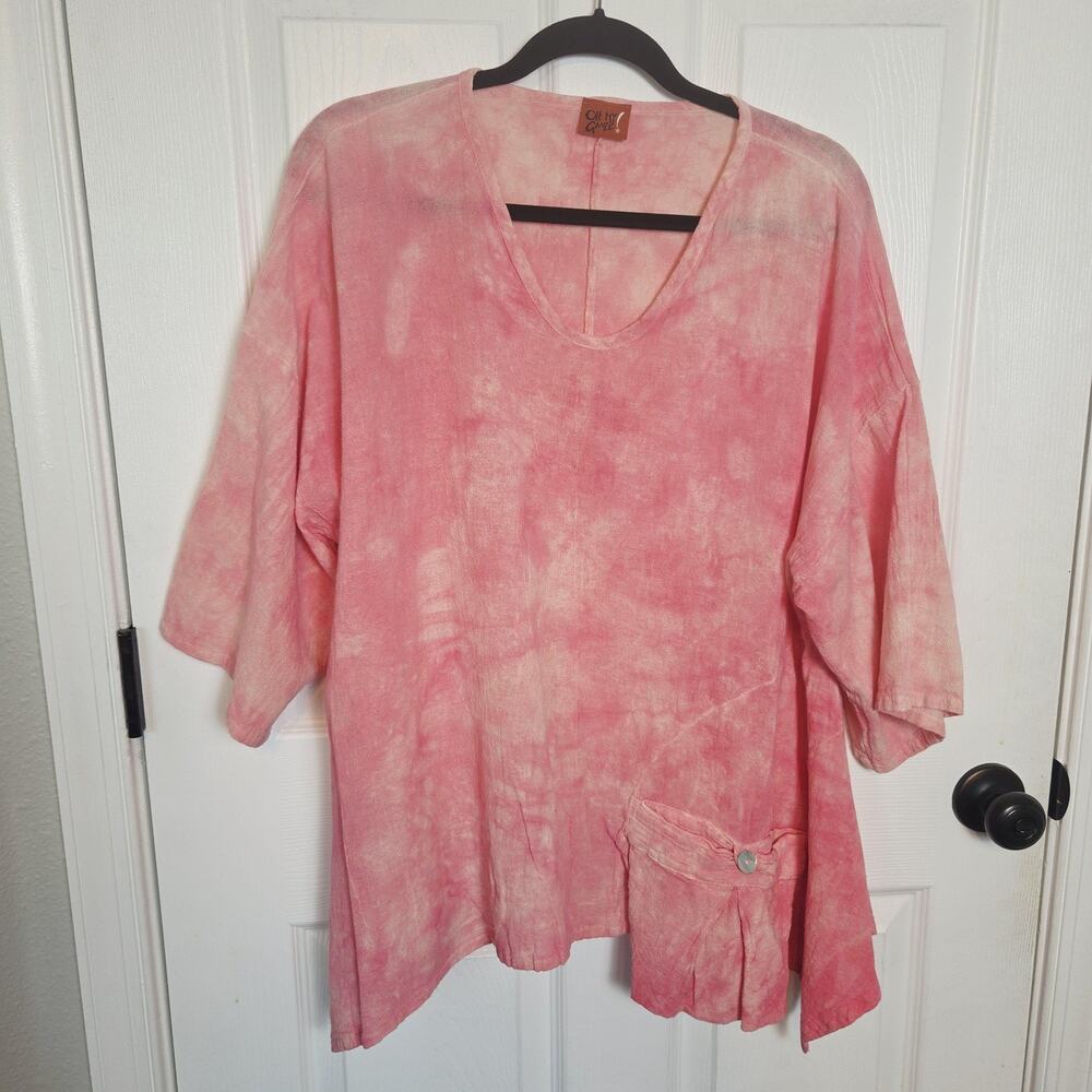 Oh My Gauze Shirt One Size Pink Gauze V Neck Tunic Asymmetrical Pocket Boho